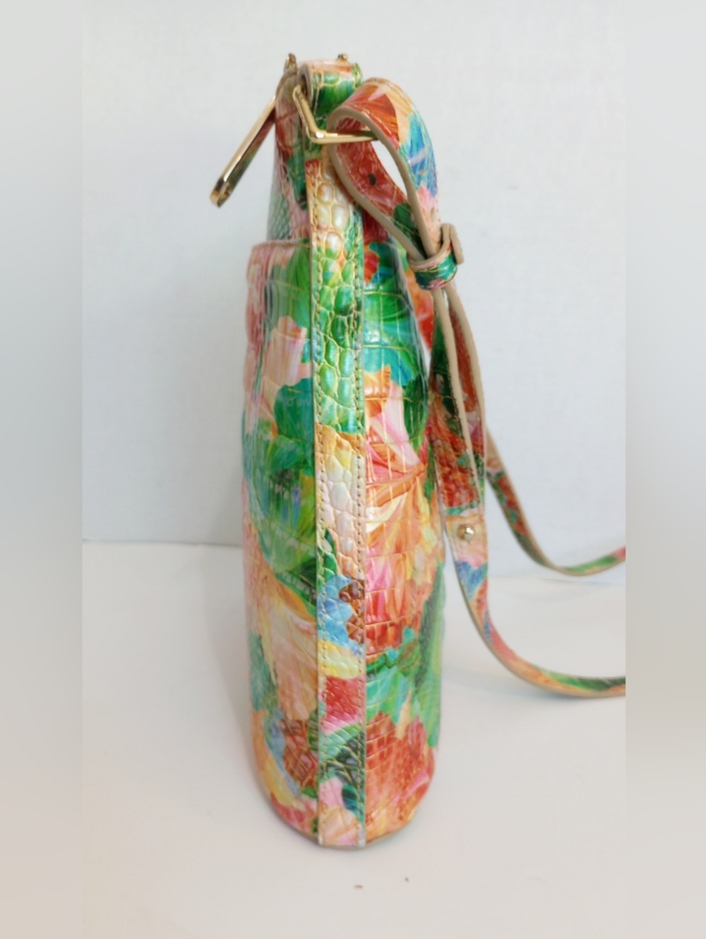 Brahmin Katie Taffy Melbourne Croc Embossed Leather Floral Crossbody Purse - Picture 10 of 13